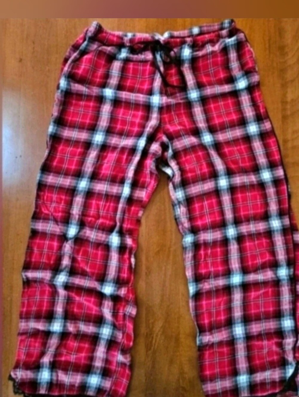 Victoria's Secret Red Plaid Flannel Pajama Bottoms Pants Large Lace Trim